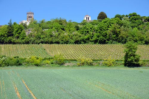 Vue de la ville de pèlerinage de Vézelay avec sa basilique en Bourgogne et ses terres arables au pre