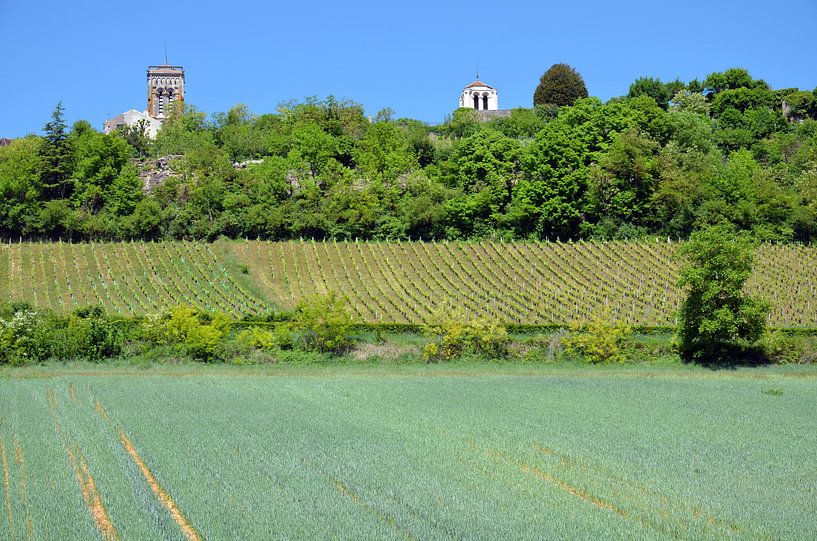 Uitzicht op bedevaartsoord Vezelay met basiliek in de Bourgogne met op de voorgrond akkerland van Gert Bunt