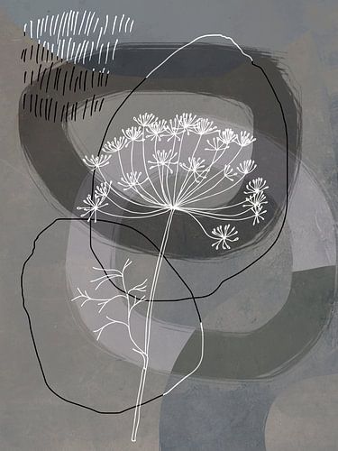 Dillebloemen en abstracte organische vormen in grijs en bruin.