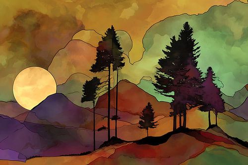 Abstract landschap met bos en heuvels