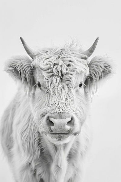Highland cattle portrait in black and white by Poster Art Shop