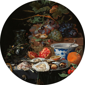 Stilleven met fruit, oesters en porselein, Abraham Mignon