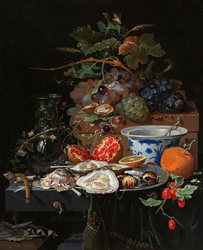 Stilleven met fruit, oesters en porselein, Abraham Mignon