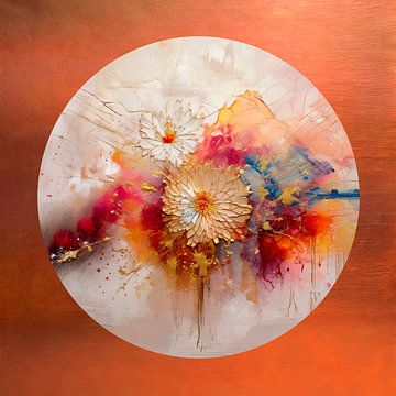 Abstract rond schilderij:  Bloemen - koper effect rand van Studio Pieternel