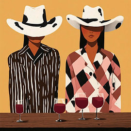 Zwei Cowgirls vor der Bar mit Weingläsern. von Studio Jet