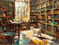 White cat in the library - in the study room