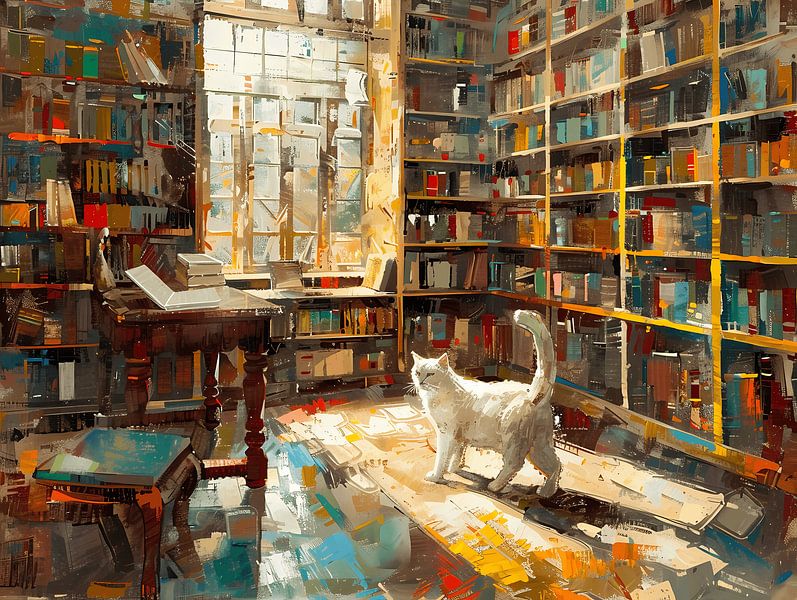 Chat blanc dans la bibliothèque - dans la salle d'étude par Littlewhitecat