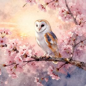 Schleiereule auf Kirschblütenzweig von Kristin M