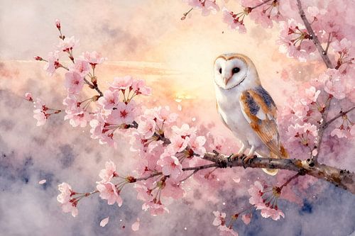 Une chouette effraie perchée sur une branche de cerisier en fleurs