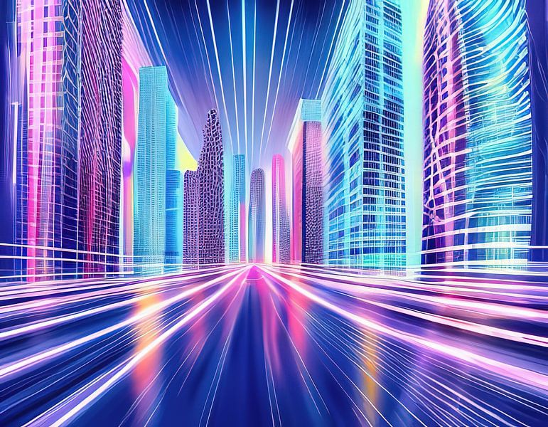 Een futuristisch kleurrijk stadsgezicht - 11 van Leo Luijten