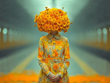 Ein Kopf voller Blumen an der Metrostation