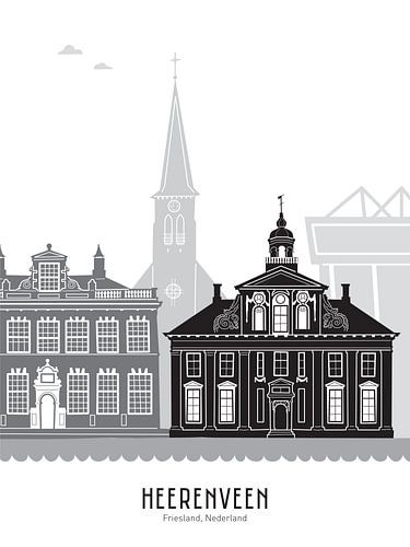 Skyline illustratie stad Heerenveen zwart-wit-grijs