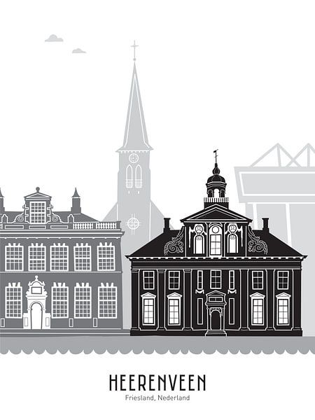 Skyline illustratie stad Heerenveen zwart-wit-grijs van Mevrouw Emmer