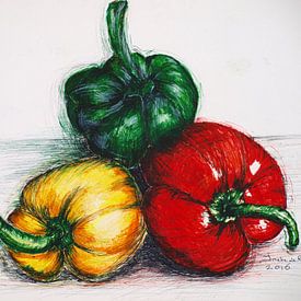 Red, green and yellow peppers . Hand-drawn. by Ineke de Rijk
