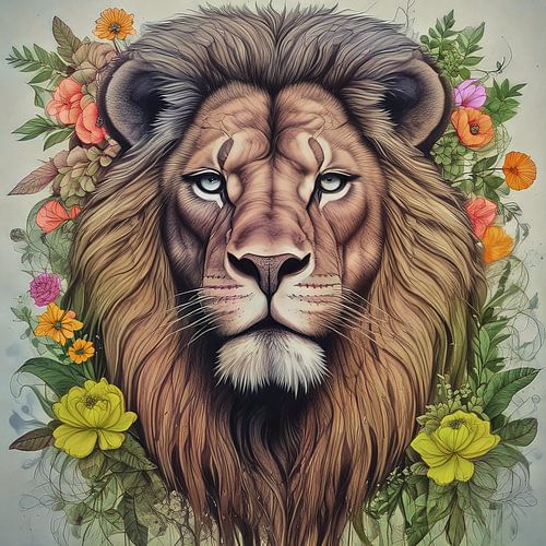 Leeuw met bloemenkrans