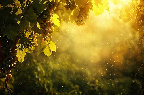 Gouden lichtval over wijngaard bij zonsondergang