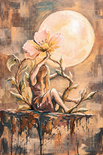 Halbabstraktes Kunstwerk, das eine Frau neben einer riesigen Blume zeigt