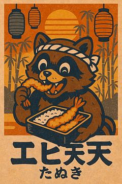Tanuki's Tempura Festival - Illustratie Retro Japan van Jordan Fenix Gallery