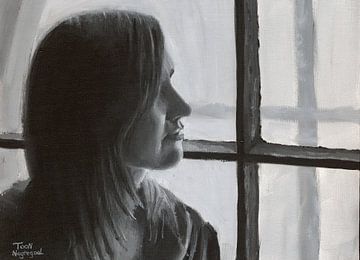 Frau am Fenster beim Malen