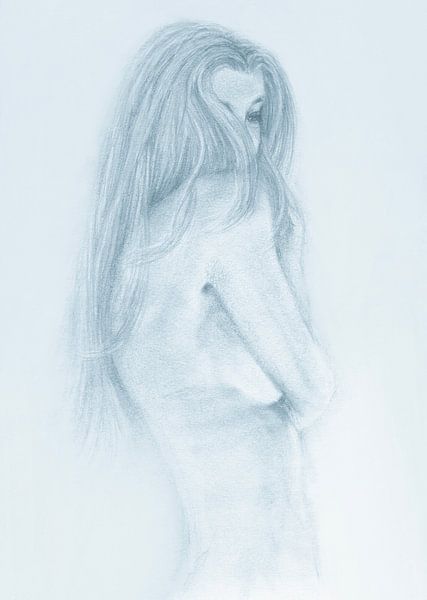 Esquisse jeune femme, nue discrète bleu clair par Krista Kitsz Art