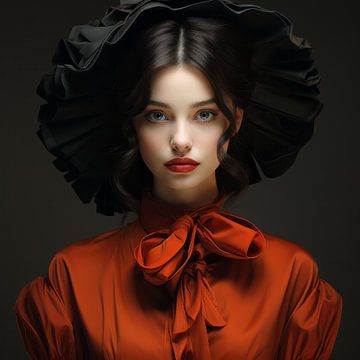 Modern portret van een jonge vrouw in zwart en rood van Carla Van Iersel
