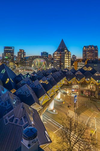 The night view of the Cube houses and the Markthal in Rotterdam by MS Fotografie | Marc van der Stelt
