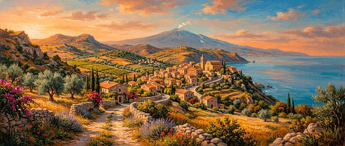 Panoramic Mediterranean landscape in Sicily featuring Mount Etna