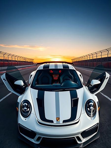 Porsche 911 GT3 RS Weißer und schwarzer Streifen im Sonnenuntergang von MIROKKU