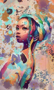 Œuvre d'art colorée d'une femme africaine sur Emiel de Lange
