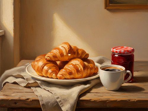 Croissant en koffie 's ochtends in een gezellig café Stilleven Kunst