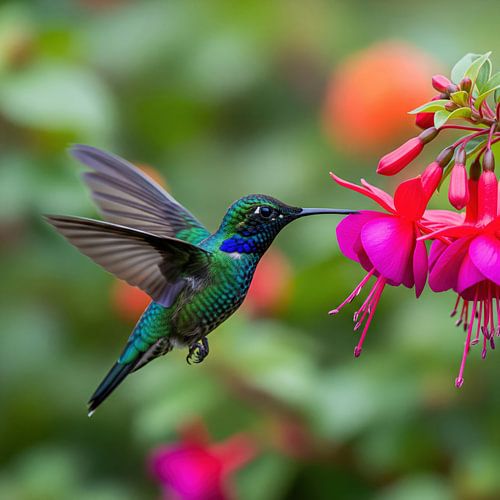 Kolibrie voedt zich met fuchsia bloem