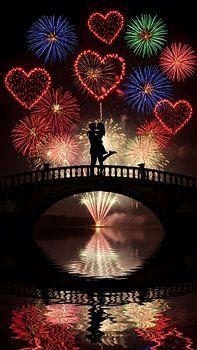 Romantisches Paar unter Herzfeuerwerk auf Brücke
