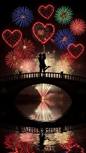 Romantisch paar onder hart vuurwerk op brug