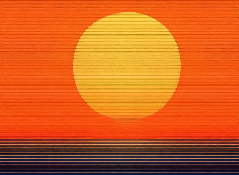 Sunset | Orange Background Blue Stripes by Modern Collection