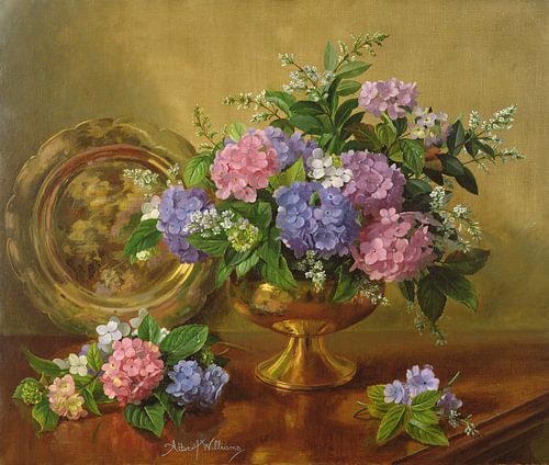 Des roses dans un vase bleu et blanc sur Albert Williams