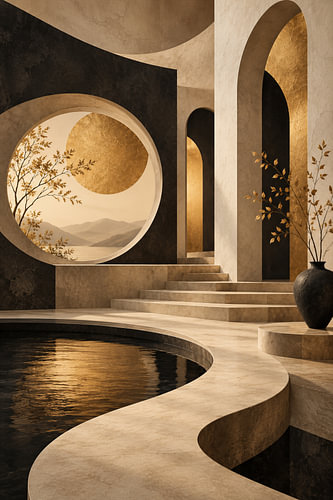 Moderne Architektur mit Bögen in Gold und Beige