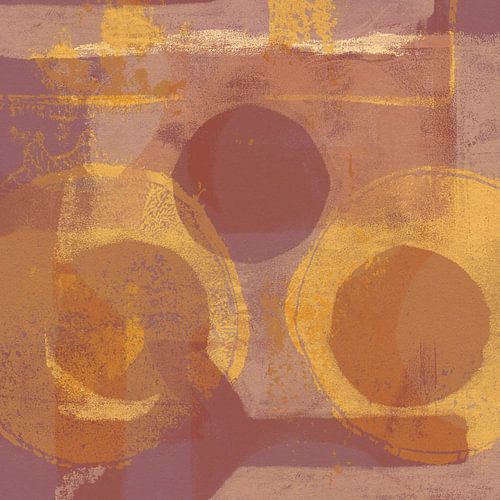 Abstracte vormen in geel, paars en warm bruin.