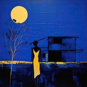 Vrouw in Geel | Maan Silhouetten Blauw van Abstract Schilderij