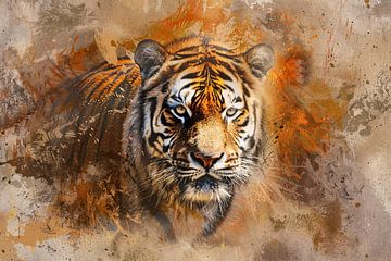 Abstract expressive tiger portrait in orange tones by Art & Soul Creations