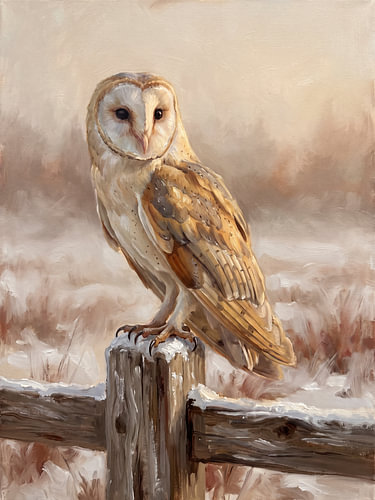 Barn owl on a snowy post – Winter Stillness