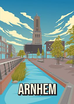 Arnhem Retro Vintage Skyline – Kleurrijke Illustratie van de Stad onder Blauwe Hemel van Jorn van Hezik