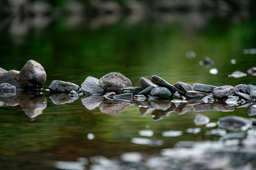 Reihe von Steinen mit einer schönen Spiegelung im Wasser in einem Bach mit grünem Hintergrund von ChrisWillemsen