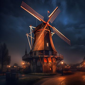 De Magie van de Molen: Een Betoverend Nachtelijk Schouwspel van Helder Design