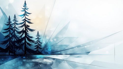 Dennenbomen groeien in abstract winterlandschap met geometrische vormen