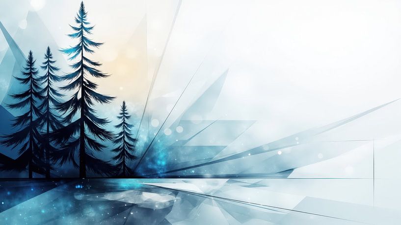 Dennenbomen groeien in abstract winterlandschap met geometrische vormen van Markus Gann