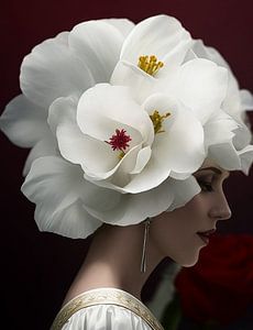 Femme portant une coiffe exceptionnelle en forme de fleur