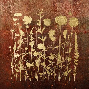 Modern mixed media schilderij  van droogbloemen in goud, Serie Botanische kunst van Studio Pieternel