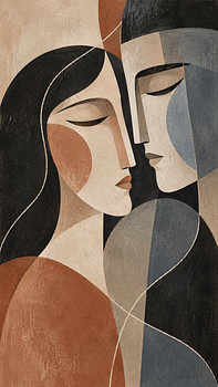 Abstract Cubist Couple Portrait - Romantic Lovers Mid Century Modern Wall Art