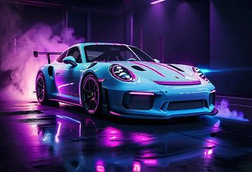 Porsche 911 GT3 RS Weiß Neon Rauchig Ausstellungsraum Kunst