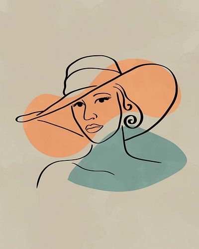 Woman with hat, minimalist line drawing with two organic forms